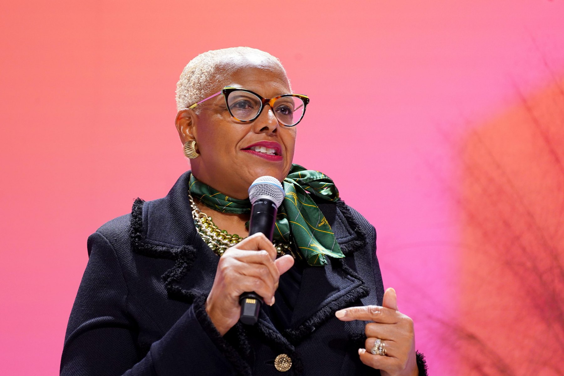 NORFOLK, VIRGINIA - OCTOBER 28: President of Norfolk State University Dr. Javaune Adams-Gaston speaks onstage as Pharrell Williams holds forum at Norfolk State University to discuss full potential of the cities of Virginia Beach and Norfolk in his home state of Virginia at Norfolk State University on October 28, 2021 in Norfolk, Virginia. (Photo by Leigh Vogel/Getty Images for Pharrell Williams )